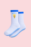 Light blue socks with blue accents and text on a pink background